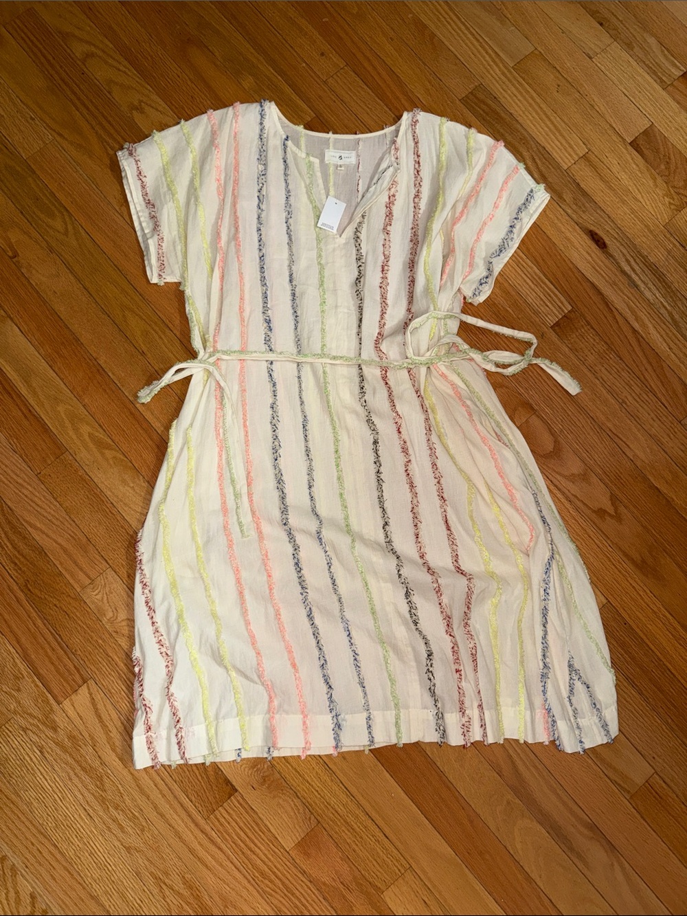 Lou & Grey NWT❗️Striped V-Neck Tie-Waist Dress Rainbow Pastel Stripes
